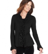 Cozy into Elementz ruffle-trim layered-look petite top for a luxe look this autumn.