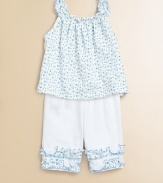 Dainty flowers and delicate ruffle trim makes for a pretty, yet comfortable, design for your little one. Scoopneck with ruffled trimSleevelessAllover floral printElastic waistbandSolid pant with floral ruffle trimPima cottonMachine washImported