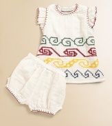 Bands of colorful embroidery decorate this charming set, finished with a whip stitch detail.CrewneckShort sleevesPullover styleMatching bloomer with elastic waist and leg openings CottonMachine washImported