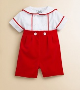 A charming, nautical-inspired set includes a button-down shirt with velvet piping and matching, button-on, velvet shorts. Shirt Sailor collarShort sleevesButton-front Shorts Pleated waistband with buttonsCotton/PolyesterMachine washImported Please note: Number of buttons may vary depending on size ordered. 