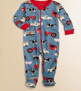 Trucks, tractors and fun farm friends adorn a charming print footie to keep your little one comfy.Ribbed crewneckSnap neck tabFront and leg zipperLong sleeves with contrast ribbed cuffsFeet with non-slip dots on solesCottonMachine washImported