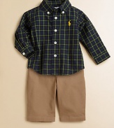 A handsome plaid shirt and a pair of soft cotton pants with a complementary belt create a classic combination for your baby boy's outings. Shirt Button-down collarLong sleeves with button-barrel cuffsButton-frontShirttail hem Corduroy pants Button closureRear elasticized waistband with belt loopsZip flyVertical welt pocketsButton-flap patch pocketCottonMachine washImported Please note: Number of buttons may vary depending on size