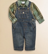 This essential, classic set pairs a durable, versatile denim overall with a preppy plaid button-down. Shirt Straight point collarLong sleeves with barrel cuffsButton-frontTwo button patch pocket Overall Shoulder strapsAdjustable snapsSnap sidesAngled hand pocketsSnap-flap coin pocketBack patch pocketsCottonMachine washImported Please note: Number of buttons/snaps may vary depending on size ordered. 