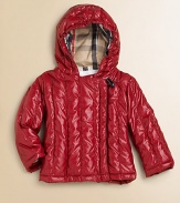 Who says style and warmth are mutually exclusive? This shiny down-filled jacket is smartly shaped with an asymmetrical front, for the youngest fashionista in the family, and comes with a matching bag for taking along essentials.Attached hoodAsymmetrical hidden zipper with toggle close at neckSide-seam pocketsCheck liningDown fillMatching drawstring pouchNylonMachine washImported