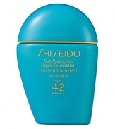 Shiseido Sunprotect Liquid Foundation SPF 42. A liquid foundation that defends against powerful UVA/UVB rays as it provides a flawless makeup finish with full coverage. Resists perspiration, water, and oil, to maintain a soft matte look on skin, even during outdoor activities. Unites optimal sun protection with skin-caring makeup. Glides on smoothly and evenly; feels non-sticky and feather-light. Contains Thiotaurine, an antioxidant that neutralizes free radicals. Very water-resistant. Recommended by the Skin Cancer Foundation as an effective UV sunscreen.Make suncare a part of your daily skincare regimen.