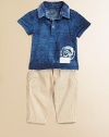 A signature polo design is transformed into a rugged knit, adorned with front and back graphics.Polo collarShort sleevesButton frontFront and back graphicsCottonMachine washImported