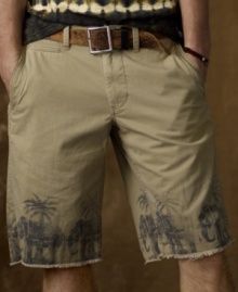 A crisp and classic chino short takes a ride on the wild side with faded safari prints and a frayed cut-off hem, making it just right for pairing with rugged basics.