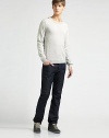 Braided check detail along the shoulders lends a signature touch to a plated cotton sweater. Crewneck Ribbed trim Cotton Dry clean Imported 