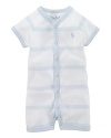 Rendered in a lightweight cotton knit, this adorable shortall features a classic striped pattern and signature pony embroidery at the chest.