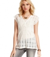 Eyeshadow manifests the season's love of lace with a gorgeous top that boasts empire waist design and a delicate surplice neckline!