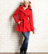 Sporting a faux-fur trimmed hood to keep you dry, and a super-cute a-line shape, this belted coat from Dollhouse is a favorite cold-weather style.