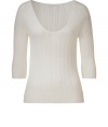 Ultra luxe ivory needle knit top from M Patmos - Add luxury to your everyday look with this delicate knit merino wool top - Scoop neck, 3/4-sleeves, micro rib detail - Wear with straight leg jeans, a tweed blazer, and platform booties