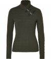 Inject a luxe note into your timeless classic look with Ralph Laurens cable knit loden cashmere pullover - Wrapped mock neck, belted leather straps, long sleeves, ribbed trim - Slim fit - Wear with everything from jeans and flats to mid-length wool skirts and leather boots