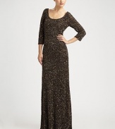 Glamorous allover sequins and beads add sparkle to this stunning floor-length style.Scoopneck Three-quarter sleeves Low scooped back Concealed back zip Fully lined About 45 from natural waist Nylon Spot clean Imported