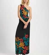 Lush florals highlight this stunning one shoulder silhouette of luxe jersey.Single shoulderDropped waistSide zipperPleats at back skirtAbout 41 from natural waist70% viscose/30% lyocellDry cleanImportedModel shown is 5'9½ (177cm) wearing US size 4.