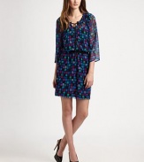 Sheer geometrically printed chiffon, in a pull-on style accented with a prettily gathered drawstring neckline.Gathered jewel neckline with drawstring tieThree-quarter sleevesElastic waistbandFully linedAbout 21 from natural waistPolyesterDry cleanImportedModel shown is 5'10 (177cm) wearing US size 4. 