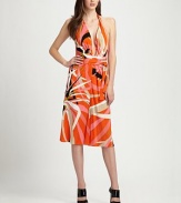 This vibrantly patterned jersey style features a sexy plunging neckline and a wraparound tie at the waist.Plunging halter necklineWraparound waist detailLow backAbout 30 from natural waistRayonDry cleanImportedModel shown is 5'10½ (179cm) wearing US size 4. Additional Information Women's Premier Designer & Contemporary Size Guide 