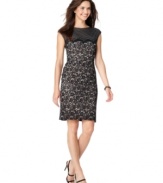Maggy London's gorgeous dress features a lace overlay with a contrasting pattern at the neckline that adds intrigue and has an eye-catching effect! (Clearance)