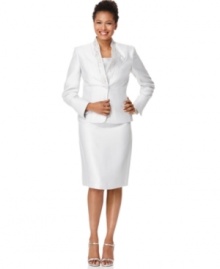 Kasper's satin skirt suit gets an extra shot of shine with a luxe beaded jacket collar. Pair with strappy metallic heels and the look is complete!