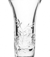 Vines cut in clear crystal add a romantic quality to the Vera Wang Wedgwood leaf vase. A graceful flare accentuates any bouquet.