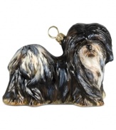 Just begging for a home, this Lhasa Apso ornament has puppy dog eyes and a beautiful coat in hand-painted glass by Joy to the World.