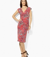 A bold, bright paisley print enlivens the feminine Marcello dress in breezy stretch jersey, tailored in a flattering faux-wrap silhouette for a chic, modern look.