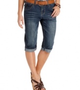 Casual chic is a cinch with Earl Jean's petite capris, featuring fashionable whiskering and fading and complete with a matching belt! (Clearance)