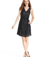Ellen Tracy's V-neck dress features metallic lace for a sparkling touch day or night.
