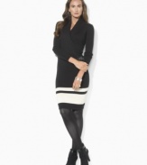 A chic shawl collar lends an extra-cozy feel to a long-sleeved petite sweater dress, crafted from a soft cotton blend with an embossed signature buckle at the waist.