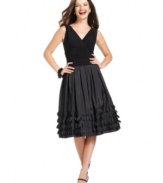 A ruched bodice and ribbon embellishments at the skirt make this petite SL Fashions dress as full of fun as it is filled with dashing design details.