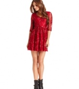 A Macy's exclusive style, metallic details add sparkle to this allover lace Kensie dress for a hot soiree look!