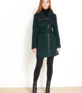 Calvin Klein redefines minimalist chic with this elegant petite coat. The faux-leather trim adds appealing edge.