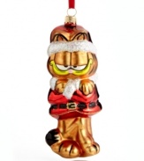 Even Garfield gets wrapped up in the spirit of Christmas, sporting a classic Santa suit in this handcrafted Polonaise ornament from Kurt Adler.