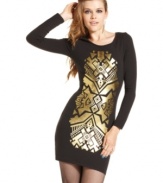 Tribal-print goes high-style with Material Girl's long sleeve bodycon dress!