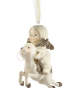 On Dasher! A precious Snowbaby goes for a ride in this ornament from Department 56, crafted of pure porcelain bisque. Fine details of sparkling gold enhance its beauty, sure to bring joy to any tree.