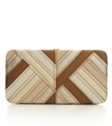 With a glazed, striped design in trendy metallic hues, this flat frame wallet is smart inside and out.