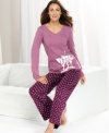Toast to the comfortable style of Hue's Cheers Knit top and pajama pants set. Featuring a cheers graphic with rhinestone accents up top and polka dotted-pants down below.