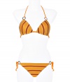 Make an eye-catching statement at the beach in Missonis bright lemon and sunset striped bikini, finished with modern ring hardware for a contemporary-chic twist - Self-tie orange string halter strap, hooked back - Self-tie side strings on bottom - Comes with a matching drawstring pouch - Wear with studded sandals and oversized statement totes