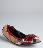 Burberry packs major style into slight ballerina flats, with a triple buckle detail and rich claret leather accents on a signature plaid backdrop.