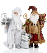 Embrace a whole new side of Santa Claus. At over a foot tall, this elaborate figurine shines in head-to-toe silver or burgundy and bronze. Even his staff and sack match for a look of lasting holiday grandeur.