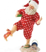 Stuck on Santa! Santa can't seem to get that crab off of his toe. This figurine adds a bit of humor to your collection of Christmas decorations. Display it year after year.