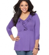 Get at a sweet casual look with AGB's three-quarter sleeve plus size top, accentuated by ruffled neckline and empire waist-- it's perfect for the weekend!