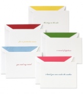 Always know the right thing to say with kate spade by Crane greeting cards. Colorful sentiments for every occasion coordinate with envelope liners, contrasting crisp white paper in stationary sets that'll render recipients speechless.