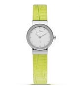 Add a sleek shot of color to your look with this watch from Skagen. Accented by a bold yellow leather band, it boasts an understated silhouette and advanced Japanese quartz movement for the perfect fusion of form and function.