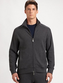 Designed for maximum comfort and fit, the design's cotton interlock highlights a smooth finish and natural stretch with elegant style.Two-way zip frontStand collarWaist slash pocketsCottonMachine washImported