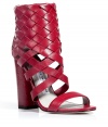Ultra-edgy oxblood braided ankle cuff sandals - A bold woven detailed cuff add a downtown-ready kick to these stylish sandals - Ankle cuff with basket weave-styled leather, chunky heel, back zip closure with patent leather detail - Pair with a bold-shouldered mini-dress, patterned heels, and a leather trench