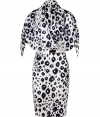 Stylish ivory and night animal print silk dress with belt by Ferragamo - With a nod to retro-chic, this luxe dress is guaranteed to make a fashion-forward statement - Figure-hugging pencil skirt with an elegantly draped top and waist belt - Style with opaque tights, a slim trench, and sky-high heels