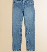 The knee-patched jodhpur is updated in stretch denim for a modern look with trouser styling.Front button closureWaistband with belt loopsZip flyFront welt pocketsSingle back welt pocketButton-tab hemCottonMachine washImported
