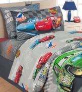 Rev up your room! Bold racing graphics and starring characters of the hit Disney Cars movie zoom across this playful sheeting in a soft, 200 thread count. Pillowcases feature an image of the character Lighting McQueen with the dynamic phrase the challenge is on.