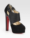 Ridged leather and soft suede cutout design with adjustable buckle straps and an ultra-high heel. Stacked heel, 6 (150mm)Covered platform, 1 (25mm)Compares to a 5 heel (125mm)Leather and suede upperLeather liningSignature red leather solePadded insoleMade in Italy